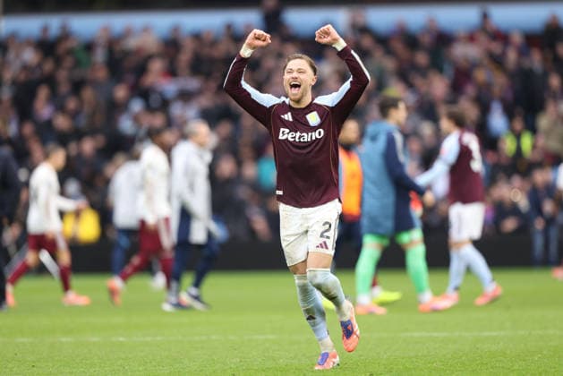Matty Cash (AV) celebrates at the final whistle at the Aston Villa v Arsenal EPL match, at Villa Park, Birmingham, UK on 6th December, 2025. 