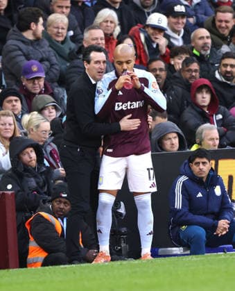 Unai Emery (Aston Villa head coach) puts Donyell Malen (AV) on as a substitute at the Aston Villa v Arsenal EPL match, at Villa Park, Birmingham, UK on 6th December, 2025. 