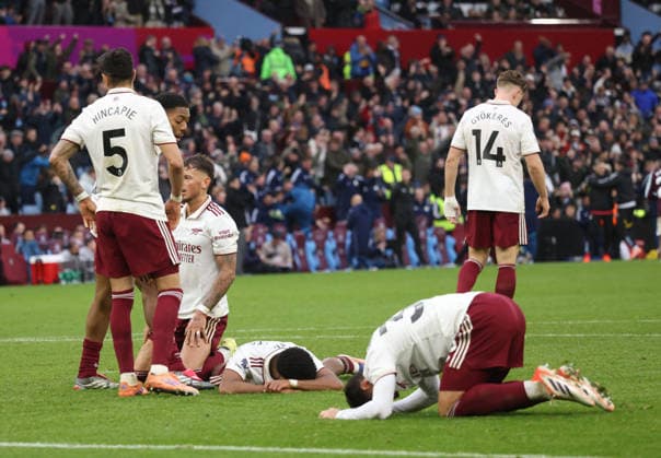 Arsenal dejection after Emiliano Buendia (AV) scored the winning goal for Aston Villa (2-1) at the Aston Villa v Arsenal EPL match, at Villa Park, Birmingham, UK on 6th December, 2025. 