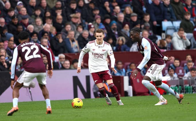 Martin Odegaard (A) at the Aston Villa v Arsenal EPL match, at Villa Park, Birmingham, UK on 6th December, 2025. 