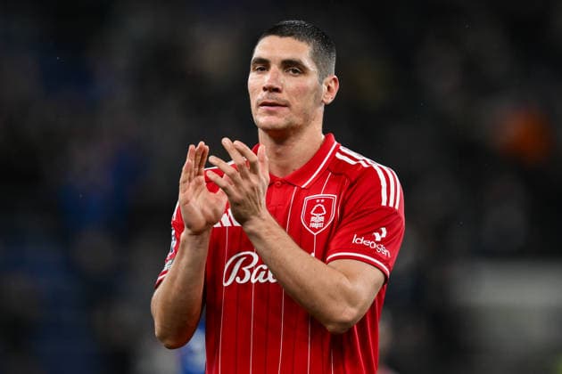 Liverpool, England, 6th December 2025. Nikola Milenkovic of Nottingham Forest applauds the fans at the end of the Everton vs Nottingham Forest Premier League match at Hill Dickinson Stadium, Liverpool. Picture credit should read: Craig Thomas Sportimage EDITORIAL USE ONLY. No use with unauthorised audio, video, data, fixture lists, club league logos or live services. Online in-match use limited to 120 images, no video emulation. No use in betting, games or single club league player publications. SPI_062_CT_EVERTON_V_NOTTINGHAM_FOREST SPI-4353-0062