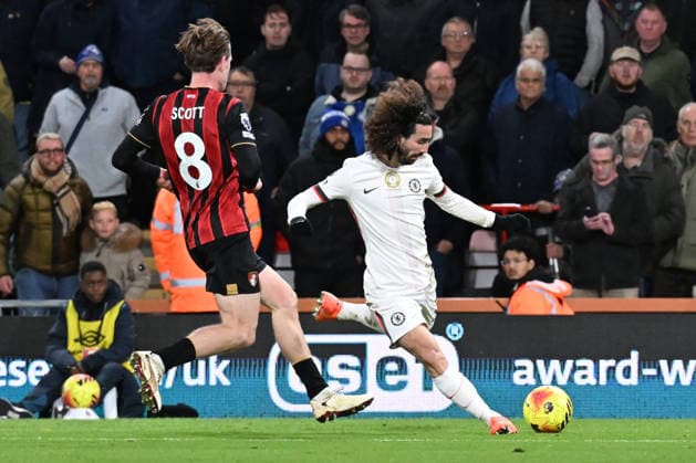 Bournemouth v Chelsea Premier League Marc Cucurella of Chelsea tries to find a way past Alex Scott of Bournemouth during the Premier League match at the Vitality Stadium, Bournemouth 06 12 2025 UK Newspapers OUT Copyright: xJeremyxLandeyx FIL-22603-0059
