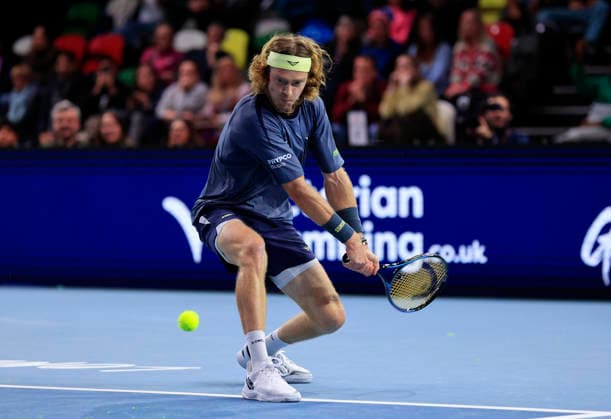 6th December 2025; Copper Box Arena, London, England; Victorian Plumbing UTS London Grand Final Tennis, Day Two; Andrey Rublev plays a backhand shot against Alex de Minaur  HongboxChen