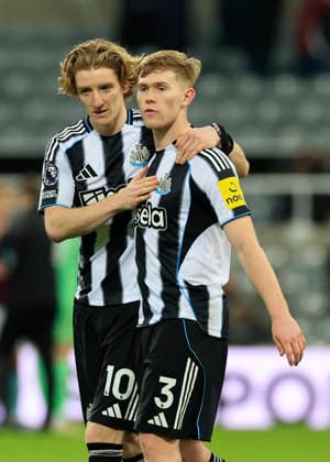Newcastle United v Burnley Premier League Anthony Gordon of Newcastle United (left) with Lewis Hall of Newcastle United at full time during the Premier League match at St. James s Park, Newcastle 06 12 2025 UK Newspapers OUT Copyright: xFredxPalmerx FIL-22605-0148