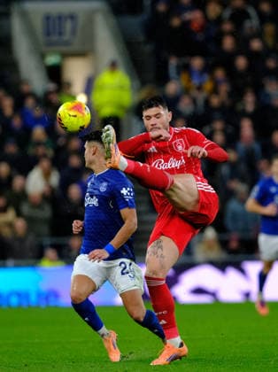 Morato of Nottingham Forest clears the ball during the Premier league football match between Everton and Nottingham Forest at Hill Dickinson Stadium in Liverpool. Copyright: xPaulxBonser SportsxPressxPhotox Sportspressphoto_SPR70917