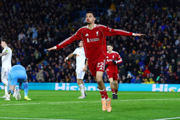 Hugo Ekitike of Liverpool celebrates scoring the opening goal Leeds United v Liverpool, Premier League, Football, Elland Road, Leeds, UK - 06 Dec 2025Leeds Elland Road United Kingdom EDITORIAL USE ONLY No use with unauthorised audio, video, data, fixture lists, club league logos or live services. Online in-match use limited to 120 images, no video emulation. No use in betting, games or single club league player publications. Copyright: xMattxWest Shutterstockx 16009398ai