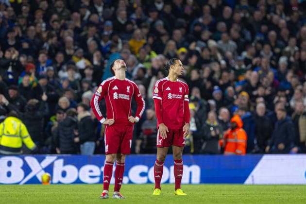 Football - FA Premier League - Leeds United FC v Liverpool FC LEEDS, ENGLAND - Saturday, December 6, 2025: Liverpool s Curtis Jones and captain Virgil van Dijk react to conceding the second and equalising goal during the FA Premier League match between Leeds United FC and Liverpool FC at Elland Road. (Photo by David Rawcliffe Propaganda) LEEDS Elland Road YORKSHIRE ENGLAND  Copyright: xDavidxRawcliffex P2025-12-06-Leeds_Liverpool-141