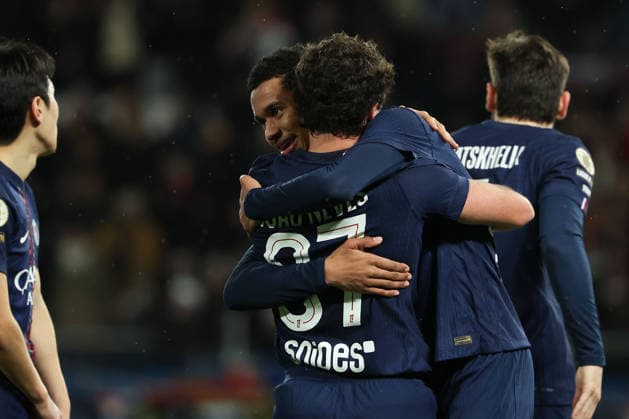 FBL-FRA-LIGUE1-Paris Saint Germain - Stade Rennes Joao Neves (Paris Saint-Germain), Senny Mayulu (Paris Saint-Germain) celebrat the goal during the French L1 football match between Paris Saint-Germain (PSG) an Stade Rennes at Parc des Princes Paris ,France, on December 06, 2025. Copyright: JoaquimxFerreira