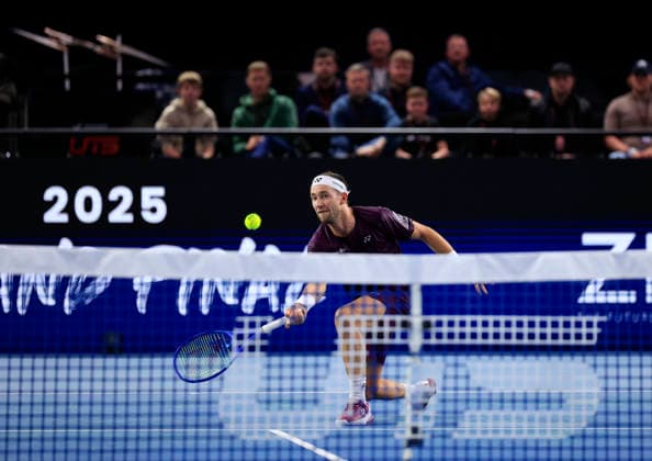 6th December 2025; Copper Box Arena, London, England; Victorian Plumbing UTS London Grand Final Tennis, Day Two; Casper Ruud plays a forehand shot against Ugo Humert  HongboxChen