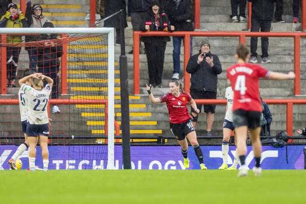 7th December 2025; Leigh Sports Village, Manchester, England; Womens Super League Football, Manchester United, ManU versus West Ham United; Elisabeth Terland of Manchester United Women celebrates scoring a 37th minute goal to make the score 1-0  TimxWilliams