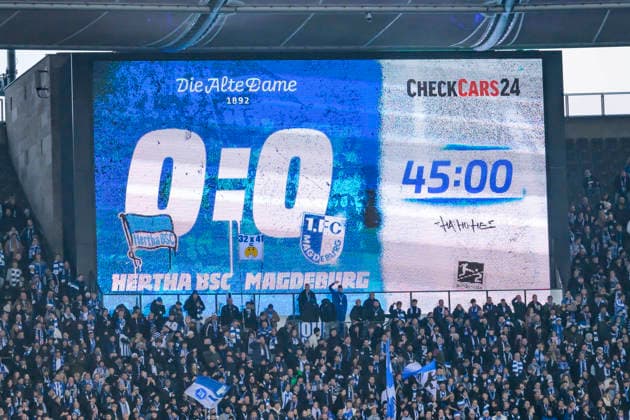 GER, Berlin, soccer, Hertha BSC vs. 1. FC Magdeburg, DFB, 2nd Bundesliga, 2025 2026 season, f.l.t.r.: led scoreboard, 0:0, DFB DFL REGULATIONS PROHIBIT ANY USE OF PHOTOGRAPHS AS IMAGE SEQUENCES AND OR QUASI-VIDEO, December 7, 2025,