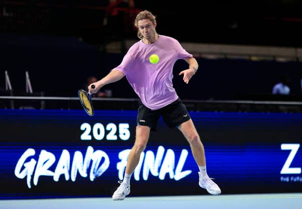 7th December 2025; Copper Box Arena, London, England; Victorian Plumbing UTS London Grand Final Tennis, Day Three; Andrey Rublev practices ahead his match  HongboxChen