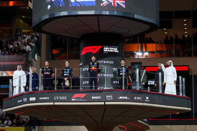 F1 - ABU DHABI GRAND PRIX 2025 Podium, PIASTRI Oscar (aus), McLaren F1 Team MCL39, VERSTAPPEN Max (ned), Red Bull Racing RB21, NORRIS Lando (gbr), McLaren F1 Team MCL39, portrait during the 2025 Formula 1 Abu Dhabi Grand Prix, 24th round of the 2025 FIA Formula One World Championship, WM, Weltmeisterschaft from December 05 to 07, 2025 on the Yas Marina Circuit, in Abu Dhabi, United Arab Emirates - Abu DhabiUnited Arab Emirates Copyright: xANTONINxVINCENTx
