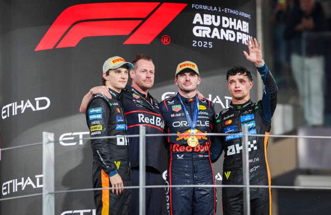 FORMULA ONE ABU DHABI GRAND PRIX 2025 Oscar Piastri 81 (Aus), McLaren MCL39 Max Verstappen 1 (NED), Oracle Red Bull Racing RB21 Lando Norris 4 (GBR), McLaren MCL39 celebrates winning the championship on the podium during Race Day at the Formula One Etihad Airways Abu Dhabi Grand Prix 2025 at the Yas Marina Circuit, Yas Island, United Arab Emirates on 7 December 2025 Credit: Phil Duncan Every Second Media Editorial use only. All images are copyright Every Second Media Limited. No images may be reproduced without prior permission. Copyright: xIMAGO EveryxSecondxMediax ESM-1695-0029 PhilxDuncanx xEveryxSecondxMediax