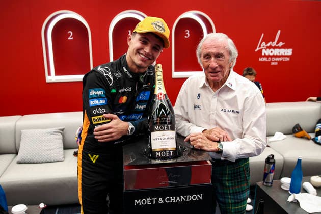 F1 - ABU DHABI GRAND PRIX 2025 NORRIS Lando (gbr), McLaren F1 Team MCL39, portrait Moet and Chandon bottle trophy FIA Formula One Drivers World Champion 2025 and Jackie Stewart during the 2025 Formula 1 Abu Dhabi Grand Prix, 24th round of the 2025 FIA Formula One World Championship, WM, Weltmeisterschaft from December 05 to 07, 2025 on the Yas Marina Circuit, in Abu Dhabi, United Arab Emirates - Abu DhabiUnited Arab Emirates  Copyright: xXavixBonillax