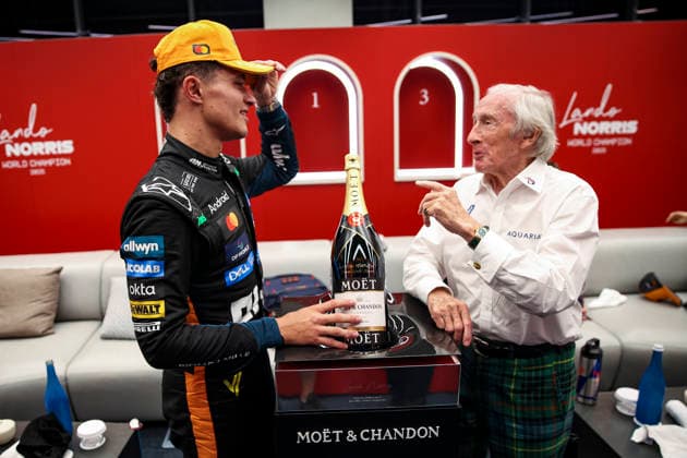 F1 - ABU DHABI GRAND PRIX 2025 NORRIS Lando (gbr), McLaren F1 Team MCL39, portrait Moet and Chandon bottle trophy FIA Formula One Drivers World Champion 2025 and Jackie Stewart during the 2025 Formula 1 Abu Dhabi Grand Prix, 24th round of the 2025 FIA Formula One World Championship, WM, Weltmeisterschaft from December 05 to 07, 2025 on the Yas Marina Circuit, in Abu Dhabi, United Arab Emirates - Abu DhabiUnited Arab Emirates  Copyright: xXavixBonillax