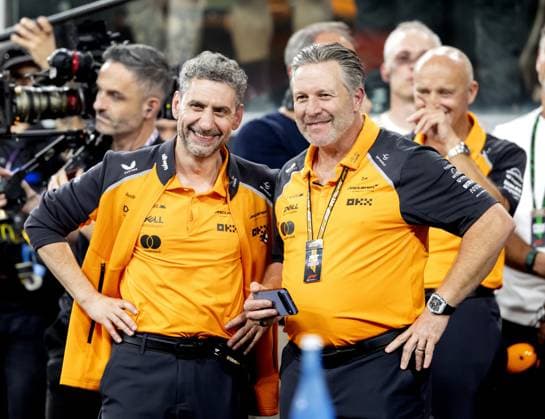 ABU DHABI - Andrea Stella and Zak Brown (McLaren) after Lando Norris (McLaren) secured the world title at the Yas Marina Circuit at the end of the Abu Dhabi Grand Prix. ANP SANDER KONING xVIxANPxSportx xxANPxIVx 544185644 originalFilename: 544185644.jpg