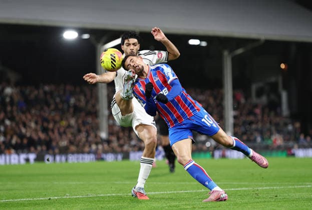 London, England, 7th December 2025. Raul JimÃ nez of Fulham stands over Yeremi Pino of Crystal Palace after kicking him in the face during the Fulham vs Crystal Palace Premier League match at Craven Cottage, London. Picture credit should read: David Klein Sportimage EDITORIAL USE ONLY. No use with unauthorised audio, video, data, fixture lists, club league logos or live services. Online in-match use limited to 120 images, no video emulation. No use in betting, games or single club league player publications. SPI_017_DK_Fulham_Palace SPI-4355-0015