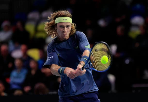 7th December 2025; Copper Box Arena, London, England; Victorian Plumbing UTS London Grand Final Tennis, Day Three; Andrey Rublev plays a backhand shot against Casper Ruud in the semi-final match  HongboxChen