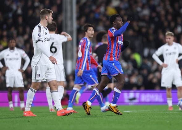 London, England, 7th December 2025. Eddie Nketiah of Crystal Palace celebrates scoring the first goal during the Fulham vs Crystal Palace Premier League match at Craven Cottage, London. Picture credit should read: David Klein Sportimage EDITORIAL USE ONLY. No use with unauthorised audio, video, data, fixture lists, club league logos or live services. Online in-match use limited to 120 images, no video emulation. No use in betting, games or single club league player publications. SPI_021_DK_Fulham_Palace SPI-4355-0021