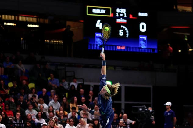 7th December 2025; Copper Box Arena, London, England; Victorian Plumbing UTS London Grand Final Tennis, Day Three; Andrey Rublev serves to Casper Ruud in the semi-final match  HongboxChen