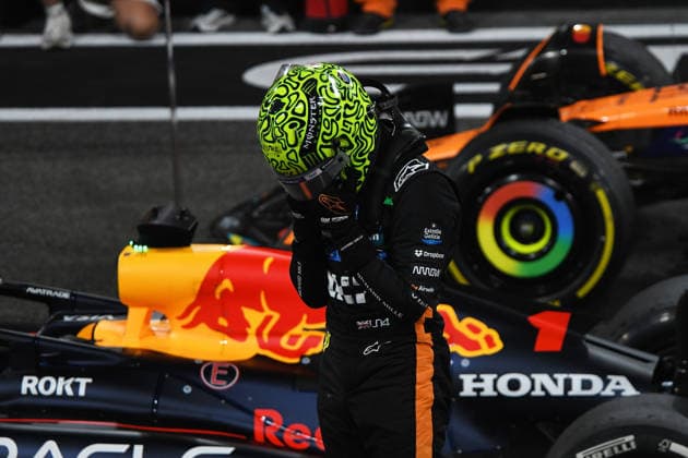 07.12.2025, xrarjax, Motorsport FIA Formel 1, Grand Prix von Abu Dhabi v.l. Jubel, Freude über den Gewinn der Weltmeisterschaft bei Lando Norris (McLaren) Startnummer 04 (FIA REGULATIONS PROHIBIT ANY USE OF PHOTOGRAPHS as IMAGE SEQUENCES and or QUASI-VIDEO) Abu Dhabi
