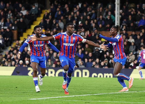 London, England, 7th December 2025. Marc Guehi of Crystal Palace celebrates scoring their second goal during the Fulham vs Crystal Palace Premier League match at Craven Cottage, London. Picture credit should read: David Klein Sportimage EDITORIAL USE ONLY. No use with unauthorised audio, video, data, fixture lists, club league logos or live services. Online in-match use limited to 120 images, no video emulation. No use in betting, games or single club league player publications. SPI_049_DK_Fulham_Palace SPI-4355-0048