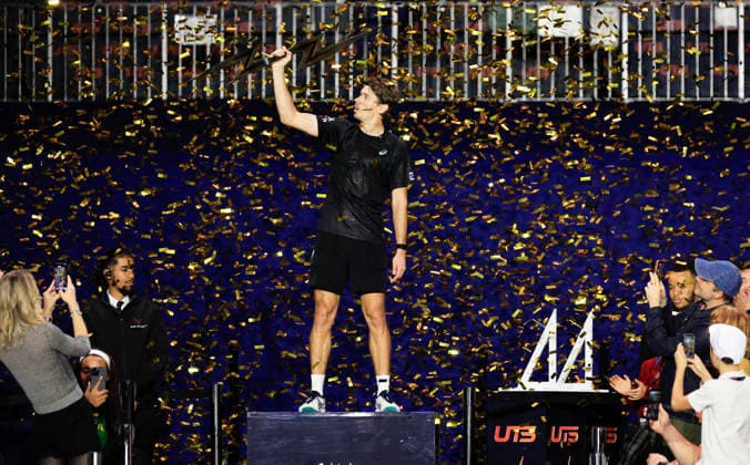 7th December 2025; Copper Box Arena, London, England; Victorian Plumbing UTS London Grand Final Tennis, Day Three; Alex de Minaur celebrates with the winner trophy after winning the final match  HongboxChen