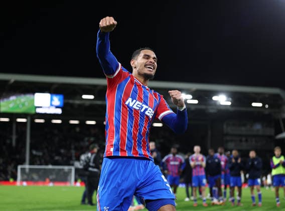 London, England, 7th December 2025. Maxence Lacroix of Crystal Palace celebrates the win during the Fulham vs Crystal Palace Premier League match at Craven Cottage, London. Picture credit should read: David Klein Sportimage EDITORIAL USE ONLY. No use with unauthorised audio, video, data, fixture lists, club league logos or live services. Online in-match use limited to 120 images, no video emulation. No use in betting, games or single club league player publications. SPI_057_DK_Fulham_Palace SPI-4355-0056