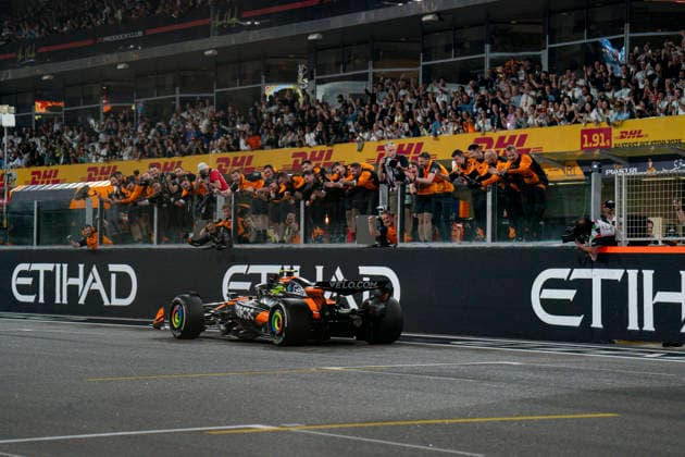 December 7, 2025, Abu Dhabi, United Arab Emirates: British driver LANDO NORRIS (McLaren F1 Team) crosses the line finishing third in the F1 Grand Prix of Abu Dhabi and claiming the 2025 FIA Formula 1 World Championship, WM, Weltmeisterschaft at Yas Marina Circuit in Abu Dhabi, United Arab Emirates. Abu Dhabi United Arab Emirates - ZUMAg147 20251207_fap_g147_034 Copyright: xJamesxGasperottix