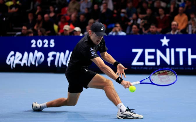 7th December 2025; Copper Box Arena, London, England; Victorian Plumbing UTS London Grand Final Tennis, Day Three; Alex de Minaur plays a backhand shot against Casper Ruud in the final match  HongboxChen