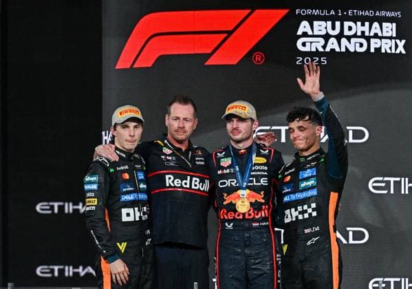 F1 Grand Prix of Abu Dhabi ABU DHABI, UNITED ARAB EMIRATES - DECEMBER 07: Dutch driver Max Verstappen (2nd R) of Red Bull, who finished F1 Abu Dhabi Grand Prix in the 1st place, Australian driver Oscar Piastri (R) of McLaren in the 2nd and British driver Lando Norris (L) of the McLaren in the third place celebrate their victory at Yas Marina Circuit, in Abu Dhabi, United Arab Emirates on December 7, 2025. Waleed Zein Anadolu Abu Dhabi United Arab Emirates. Editorial use only. Please get in touch for any other usage.  Copyright: x2025xAnadoluxWaleedxZeinx