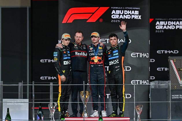F1 Grand Prix of Abu Dhabi ABU DHABI, UNITED ARAB EMIRATES - DECEMBER 07: Dutch driver Max Verstappen (2nd R) of Red Bull, who finished F1 Abu Dhabi Grand Prix in the 1st place, Australian driver Oscar Piastri (R) of McLaren in the 2nd and British driver Lando Norris (L) of the McLaren in the third place celebrate their victory at Yas Marina Circuit, in Abu Dhabi, United Arab Emirates on December 7, 2025. Waleed Zein Anadolu Abu Dhabi United Arab Emirates. Editorial use only. Please get in touch for any other usage.  Copyright: x2025xAnadoluxWaleedxZeinx