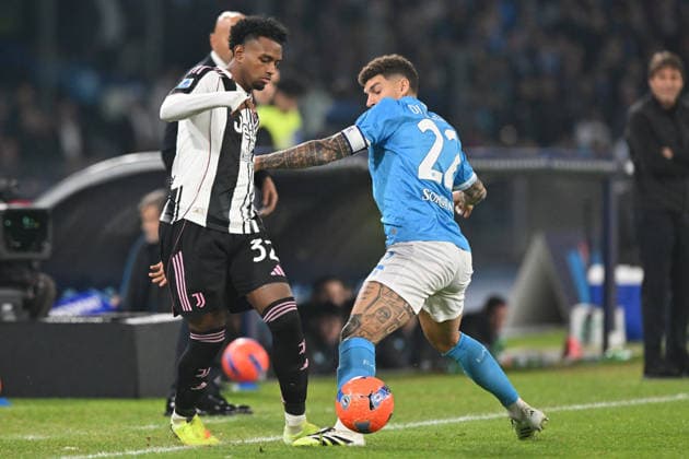 7th December 2025, Stadio Diego Armando Maradona, Naples, Italy; Serie A Football; Napoli versus Juventus; Juan Cabal of Juventus F.C. under pressure from Giovanni Di Lorenzo of S.S.C. Napoli  AllShotLive