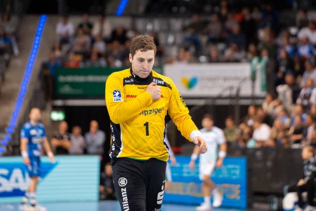 Handball I Herren I Saison 2025-2026 I Bundesliga I 15. Spieltag I TVB Stuttgart - SC DHfK Leipzig I 07.12.2025 Domenico Ebner (1, SC DHfK Leipzig) Stuttgart Porsche Arena Baden-Württemberg Deutschland Copyright: xLobeca MaxxPetershansx