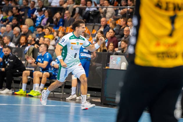 Handball I Herren I Saison 2025-2026 I Bundesliga I 15. Spieltag I TVB Stuttgart - SC DHfK Leipzig I 07.12.2025 Lucas Krzikalla (8, SC DHfK Leipzig) jubelt Stuttgart Porsche Arena Baden-Württemberg Deutschland Copyright: xLobeca MaxxPetershansx