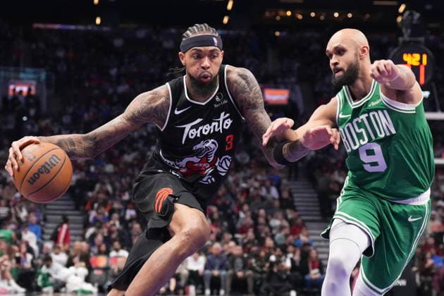 December 7, 2025, Toronto, On, CANADA: Toronto Raptors forward Brandon Ingram (3) drives at Boston Celtics guard Derrick White (9) during first half NBA, Basketball Herren, USA basketball action in Toronto on Sunday December 7, 2025. Brandon Ingram; Derrick White  - ZUMAc35_ 20251207_zaf_c35_073 Copyright: xChrisxYoungx
