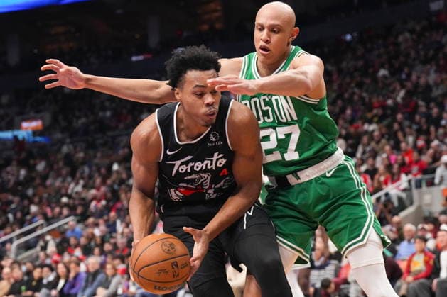 December 7, 2025, Toronto, On, CANADA: Toronto Raptors Scottie Barnes (4) is guarded by Boston Celtics Jordan Walsh (27) during first half NBA, Basketball Herren, USA basketball action in Toronto on Sunday December 7, 2025. Scottie Barnes; Jordan Walsh  - ZUMAc35_ 20251207_zaf_c35_085 Copyright: xChrisxYoungx