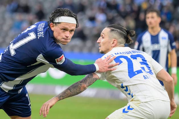 GER, Berlin, soccer, Hertha BSC vs. 1. FC Magdeburg, DFB, 2nd Bundesliga, 2025 2026 season, f.l.t.r.: Fabian Reese (Hertha BSC), Baris Atik (1.FC Magdeburg, 23), Action, duels, fighting for the ball, DFB DFL REGULATIONS PROHIBIT ANY USE OF PHOTOGRAPHS AS IMAGE SEQUENCES AND OR QUASI-VIDEO, December 7, 2025,