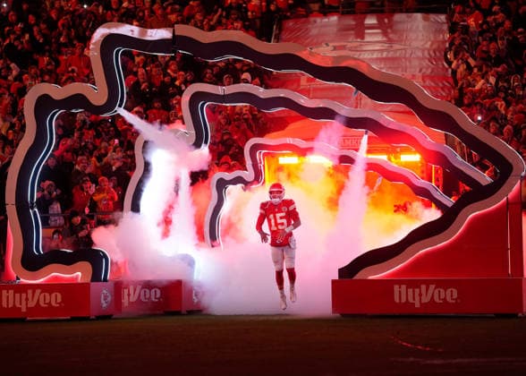 Kansas City Chiefs quarterback Patrick Mahomes (15) is introduced for Sunday night football against the Houston Texans at Arrowhead Stadium in Kansas City, Missouri on Sunday,December 7, 2025.  KCP2025120726 JONxROBICHAUD
