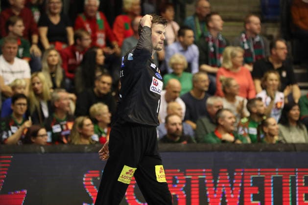 07.12.2025, xgox, Handball - Daikin HBL SC Magdeburg - FRISCH AUF! Göppingen emspor, v.l. Sergey Hernandez Ferrer (Magdeburg, 1) Jubelt ueber gehaltenen Ball, abgewehrt, gehalten, Torhueter Magdeburg