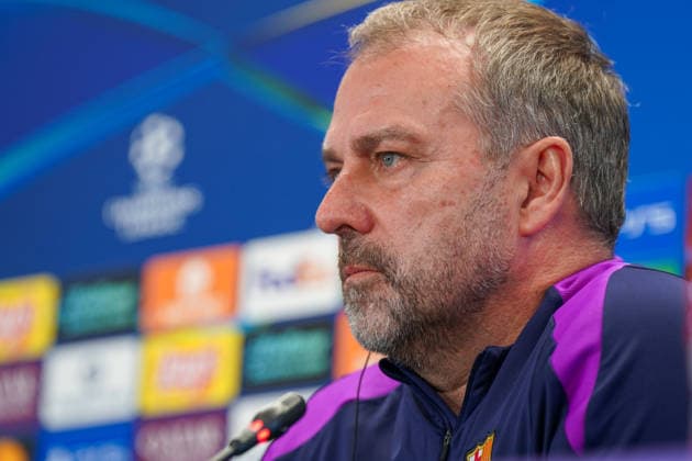 Spanien: Pressekonferenz FC Barcelona, Barca mit Hansi Flick (Trainer FC Barcelona) vor Fussball UEFA Champions League - FC Barcelona vs Eintracht Frankfurt - PK Ort: Ciutat Esportiva Joan Gamper (Barcelona, Spanien) Copyright: xJOERANxSTEINSIEKx