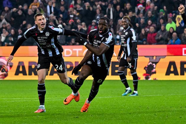 Udinese s Keinan Davis celebrates after scoring a goal during Udinese Calcio vs Genoa CFC, Italian soccer Serie A match in Udine, Italy, December 08 2025  Copyright: xAlessioxMarini IPAxSportx xipa-agency.netx xx IPA_68922961 IPA_Agency_IPA68922961