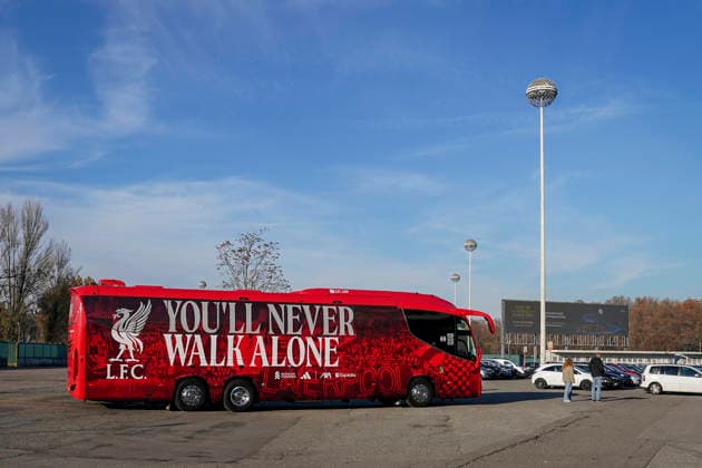 Inter Milan v Liverpool, UEFA Champions League Liverpool Team bus is seen in the stadium car park ahead of the Inter Milan v Liverpool UEFA Champions League 2025 26 League Phase MD6 match at the San Siro Stadium, Milan, Italy on 8 December 2025 Credit: Robbie Hoad Every Second Media Editorial use only. All images are copyright Every Second Media Limited. No images may be reproduced without prior permission. Copyright: xIMAGO EveryxSecondxMediax ESM-1701-0008 RobbiexHoadx xEveryxSecondxMediax