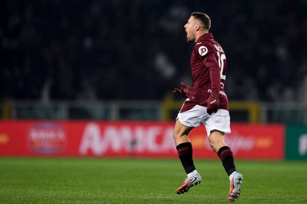Torino™s Nikola Vlasic celebrates after scoring the 1-0 goal for his team during the Serie A soccer match between Torino Fc and Milan at the Stadio Olimpico Grande Torino in Turin, north west Italy - Dicember 8, 2025. - Soccer  Copyright: xFabioxFerrari LaPressex