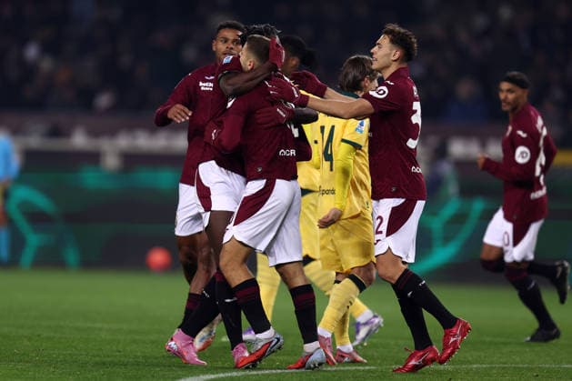 Nikola Vlasic (Torino Fc) celebrates after scoring his team s first goal with team mates, Serie A, Torino FC v Ac Milan, Olimpico, December 8, 2025, Turin, Italy.