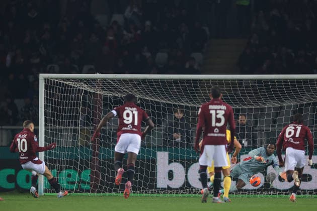 Turin, Italy, 8th December 2025. Nikola Vlasic of Torino FC scores a penalty to give the hosts a 1-0 lead during the Torino vs AC Milan Serie A match at Stadio Grande Torino, Turin. Picture credit should read: Jonathan Moscrop Sportimage EDITORIAL USE ONLY. No use with unauthorised audio, video, data, fixture lists, club league logos or live services. Online in-match use limited to 120 images, no video emulation. No use in betting, games or single club league player publications. SPI_002_JM_TORO_MILAN SPI-4323-0002