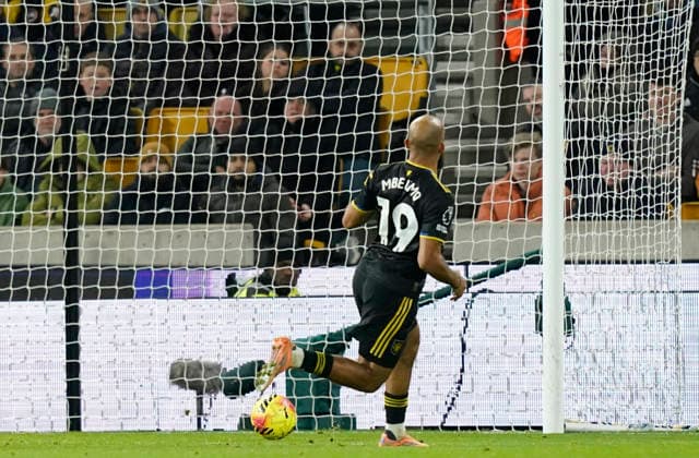 Wolverhampton, England, 8th December 2025. Bryan Mbeumo of Manchester United, ManU scores the second goal into an empty net during the Wolverhampton Wanderers vs Manchester United Premier League match at Molineux, Wolverhampton. Picture credit should read: Andrew Yates Sportimage EDITORIAL USE ONLY. No use with unauthorised audio, video, data, fixture lists, club league logos or live services. Online in-match use limited to 120 images, no video emulation. No use in betting, games or single club league player publications. SPI_070_AY_Wolves_Man_Utd SPI-4356-0072