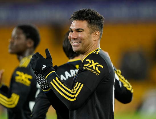 Wolverhampton, England, 8th December 2025. Casemiro of Manchester United, ManU enjoys the win during the Wolverhampton Wanderers vs Manchester United Premier League match at Molineux, Wolverhampton. Picture credit should read: Andrew Yates Sportimage EDITORIAL USE ONLY. No use with unauthorised audio, video, data, fixture lists, club league logos or live services. Online in-match use limited to 120 images, no video emulation. No use in betting, games or single club league player publications. SPI_099_AY_Wolves_Man_Utd SPI-4356-0101