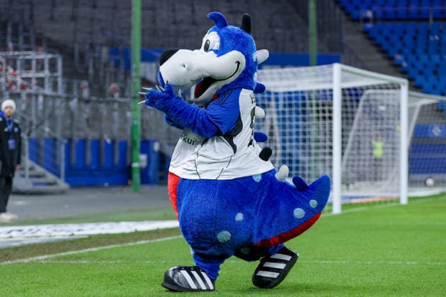 Das HSV-Maskottchen Dino Hermann, Maskottchen des Hamburger SV, DIE DFB-RICHTLINIEN UNTERSAGEN JEGLICHE NUTZUNG VON FOTOS ALS SEQUENZBILDER UND ODER VIDEOÄHNLICHE FOTOSTRECKEN. DFB REGULATIONS PROHIBIT ANY USE OF PHOTOGRAPHS AS IMAGE SEQUENCES AND OR QUASI-VIDEO., 08.12.2025, Hamburg (Deutschland), Fussball, Google Pixel Frauen-Bundesliga, Hamburger SV - 1. FC Köln